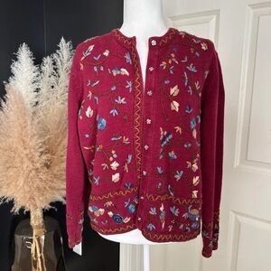 Vintage All Points Floral Embroidered Snap front Cardigan Sweater 
size Large
